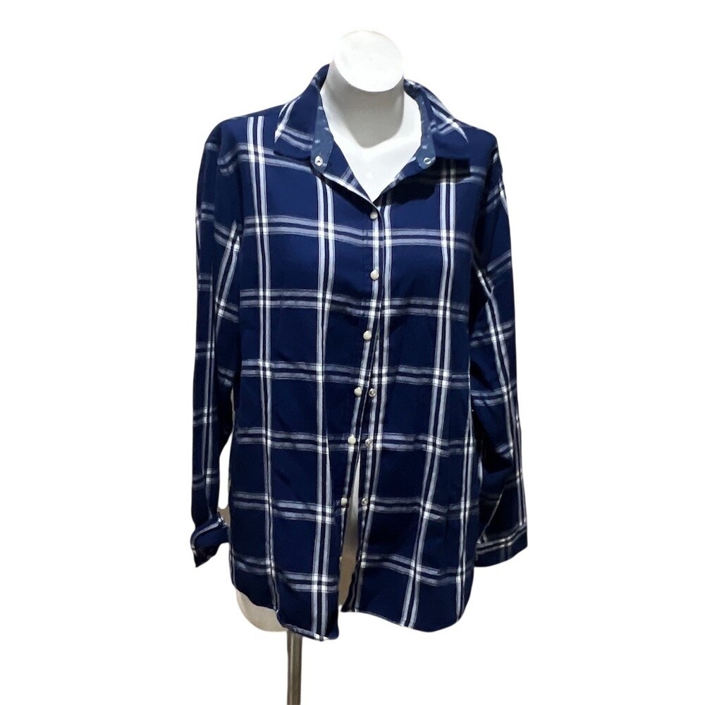 Jachs Girlfriend Womens Button-Up Shirt Size XL Navy Blue White Plaid